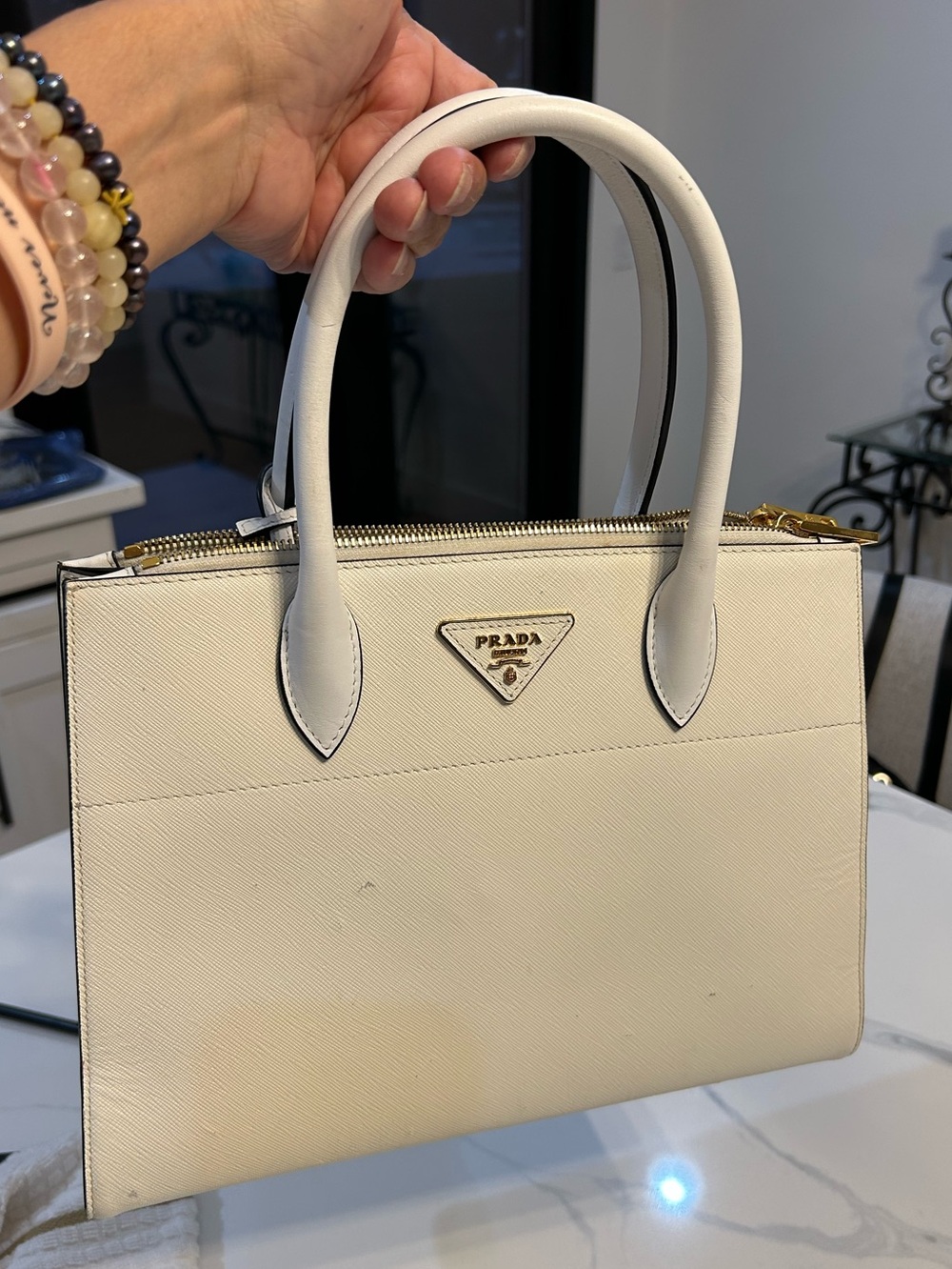 Prada White City Calfskin Saffiano Greche Paradigme Bag.  NO SHOULDER STRAP